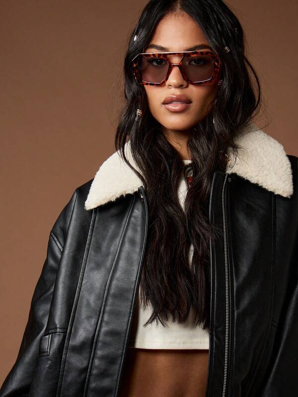 MISSGUIDED Faux Leather Bomber Jacket With Sherpa Collar