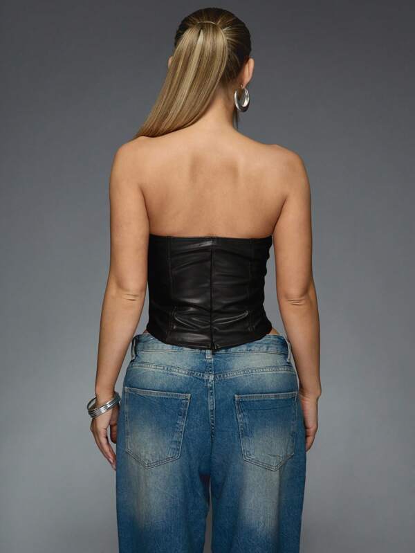 MISSGUIDED Faux Leather Strapless Corset Bustier Crop Top With Paneled Design