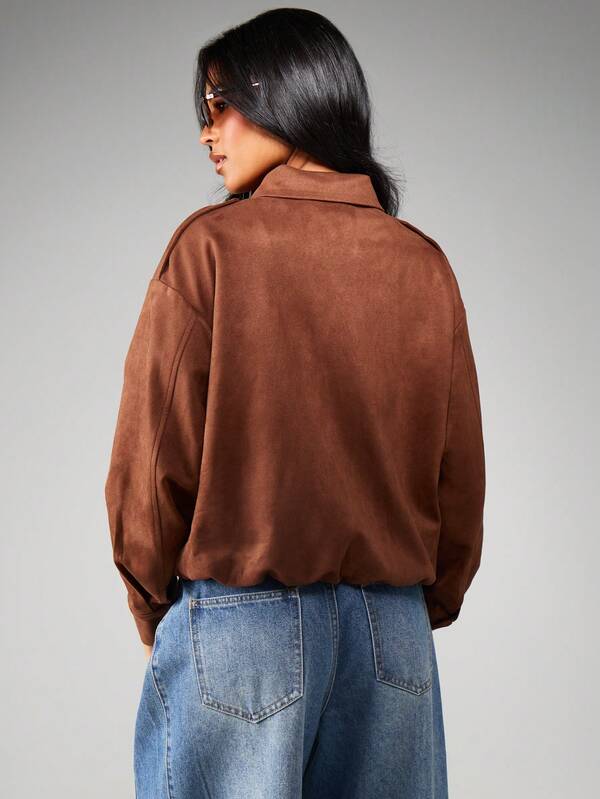MISSGUIDED Faux Suede Bomber Jacket With Ribbed Cuffs