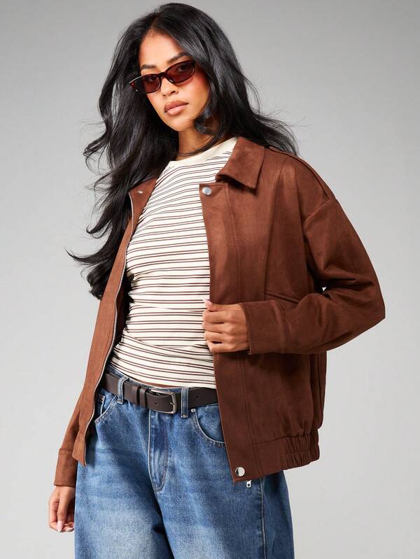 MISSGUIDED Faux Suede Bomber Jacket With Ribbed Cuffs