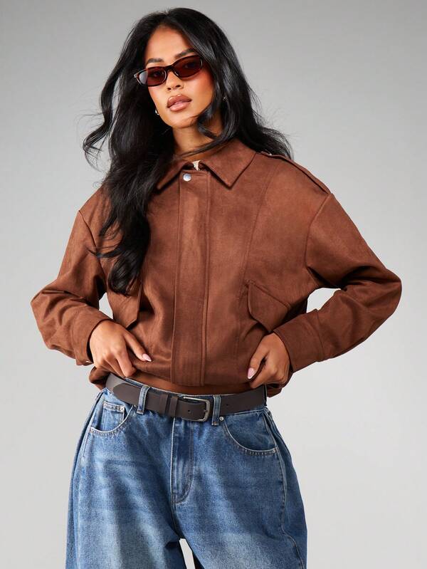 MISSGUIDED Faux Suede Bomber Jacket With Ribbed Cuffs