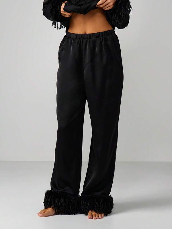 MISSGUIDED Feather Trim Pajama Set With Button Shirt