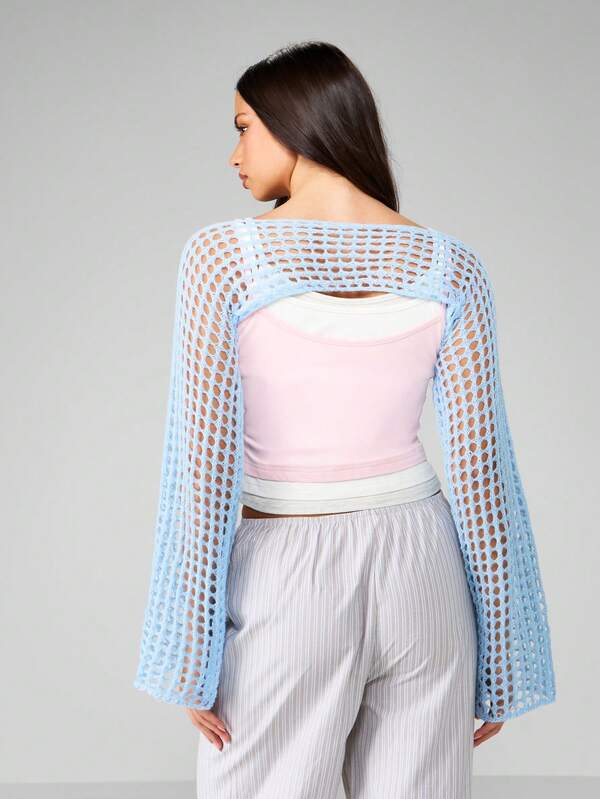 MISSGUIDED Fishnet Mesh Knit Bell Sleeve Cropped Shrug