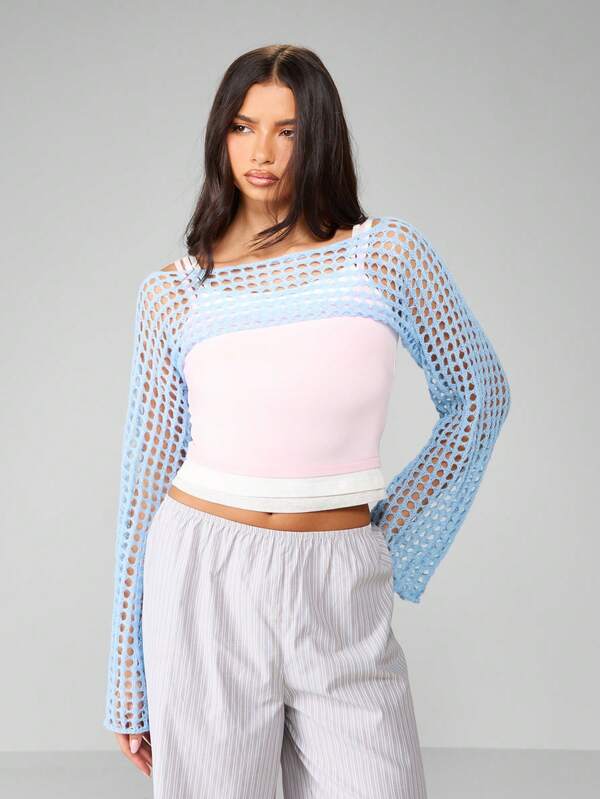 MISSGUIDED Fishnet Mesh Knit Bell Sleeve Cropped Shrug