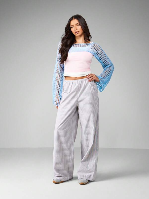 MISSGUIDED Fishnet Mesh Knit Bell Sleeve Cropped Shrug