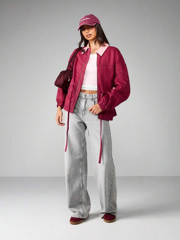 MISSGUIDED Fitted Bomber Jacket With Contrast Collar And Zipper Details