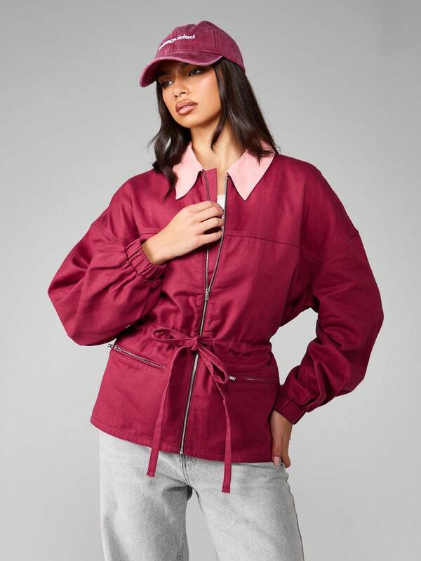 MISSGUIDED Fitted Bomber Jacket With Contrast Collar And Zipper Details