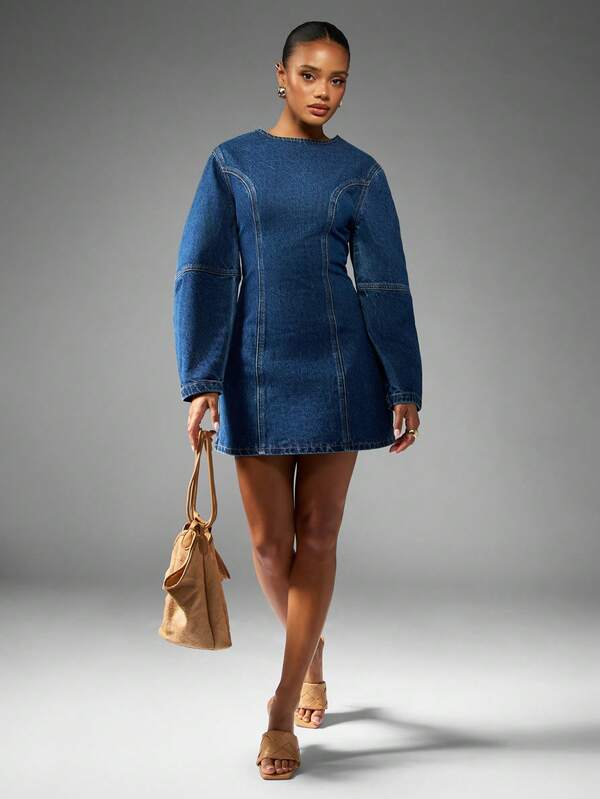MISSGUIDED Fitted Denim Mini Dress With Balloon Sleeves