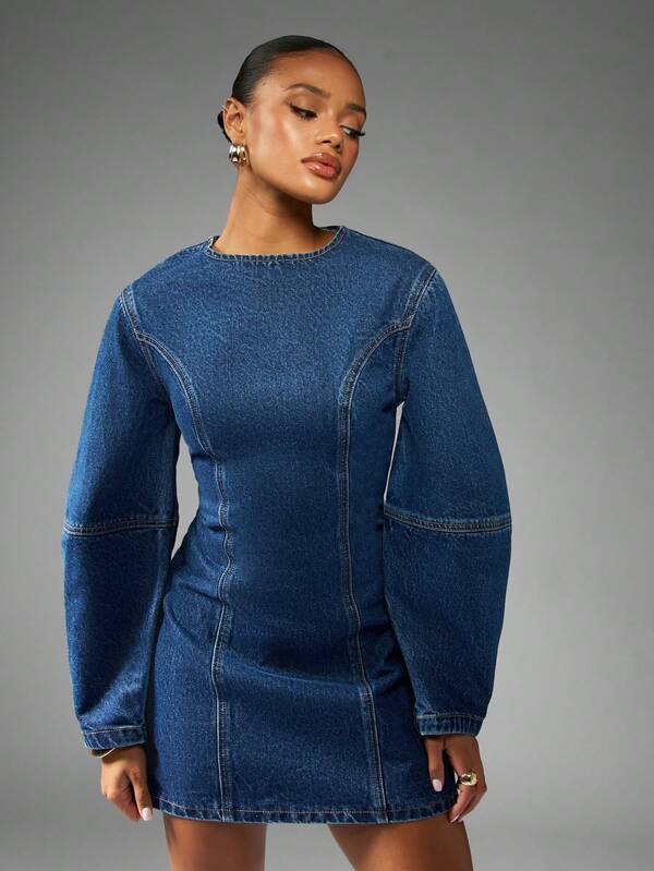 MISSGUIDED Fitted Denim Mini Dress With Balloon Sleeves
