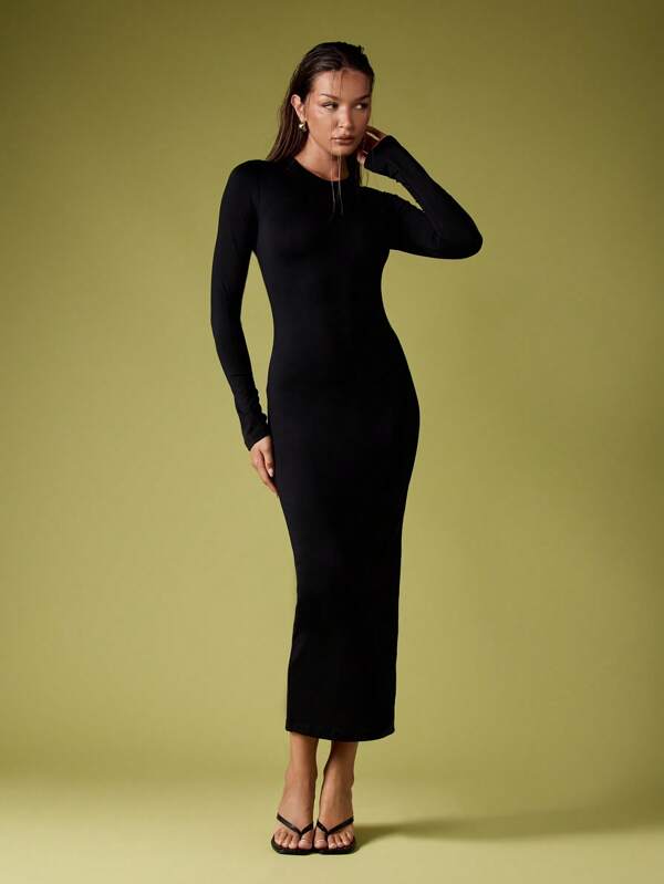 MISSGUIDED Fitted Long Sleeve Ribbed Bodycon Midi Dress