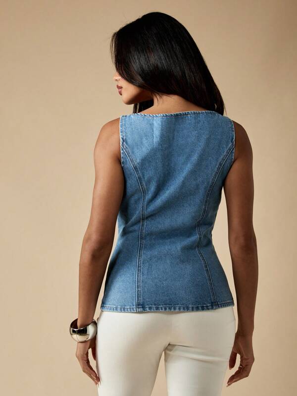 MISSGUIDED Fitted Raw Edge Sleeveless Button Front Denim Vest