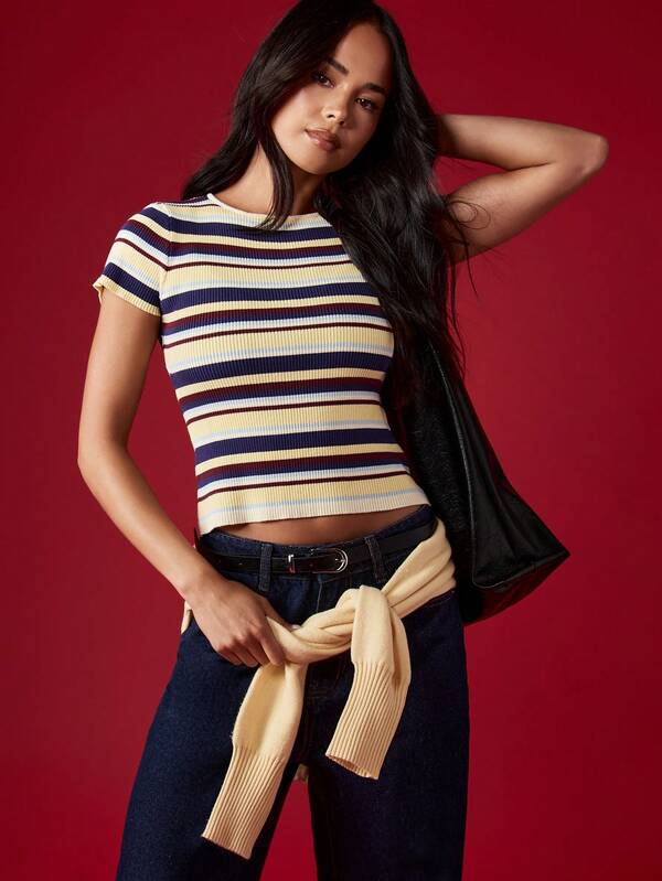 MISSGUIDED Fitted Ribbed Stripe Crop Tee With Short Sleeves