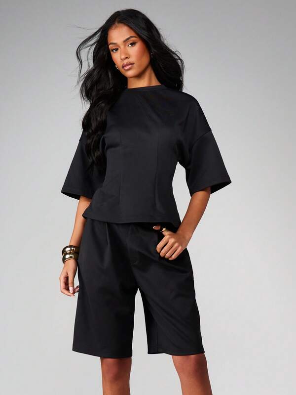 MISSGUIDED Fitted Tee And Jort Two Piece Set