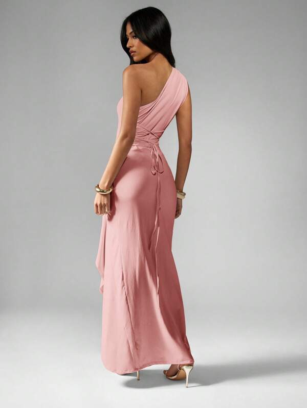 MISSGUIDED Floor Length Formal Gown With Draped Ruched One Shoulder And Side Split