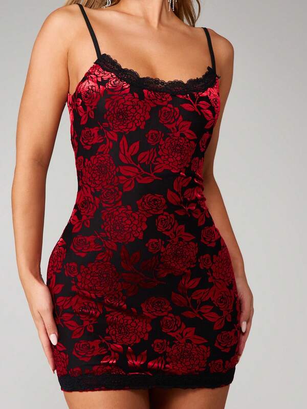MISSGUIDED Floral Bodycon Mini Dress With Lace Trim
