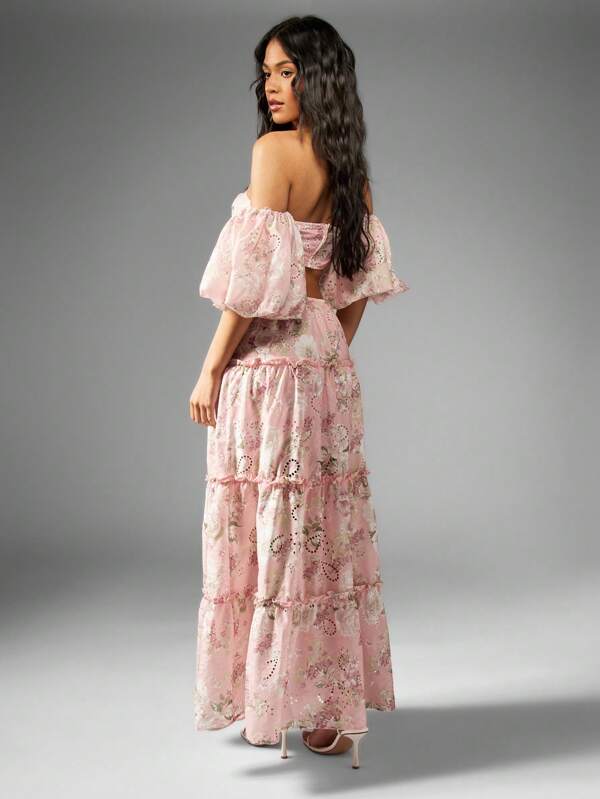 MISSGUIDED Floral Broderie Off Shoulder Balloon Sleeves Two-Piece Outfit