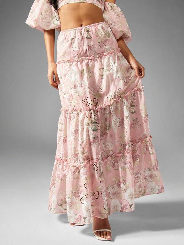 MISSGUIDED Floral Broderie Off Shoulder Balloon Sleeves Two-Piece Outfit