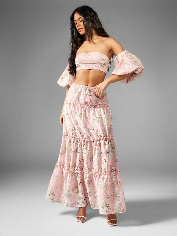 MISSGUIDED Floral Broderie Off Shoulder Balloon Sleeves Two-Piece Outfit