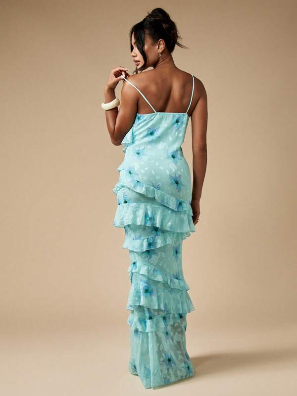 MISSGUIDED Floral Burnout Ruffle Flutter Tiered Maxi Dress With Spaghetti Straps