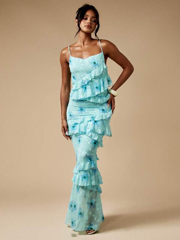 MISSGUIDED Floral Burnout Ruffle Flutter Tiered Maxi Dress With Spaghetti Straps