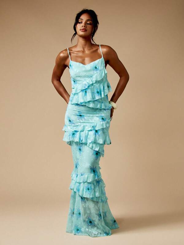 MISSGUIDED Floral Burnout Ruffle Flutter Tiered Maxi Dress With Spaghetti Straps