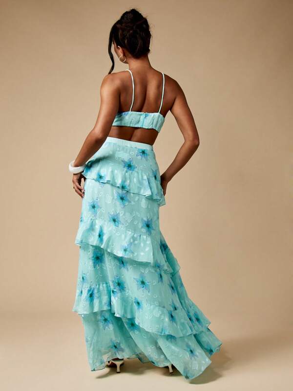 MISSGUIDED Floral Burnout Ruffled Maxi Boho Two-Piece Set With Bralette Top
