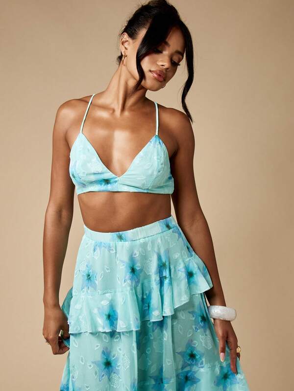 MISSGUIDED Floral Burnout Ruffled Maxi Boho Two-Piece Set With Bralette Top