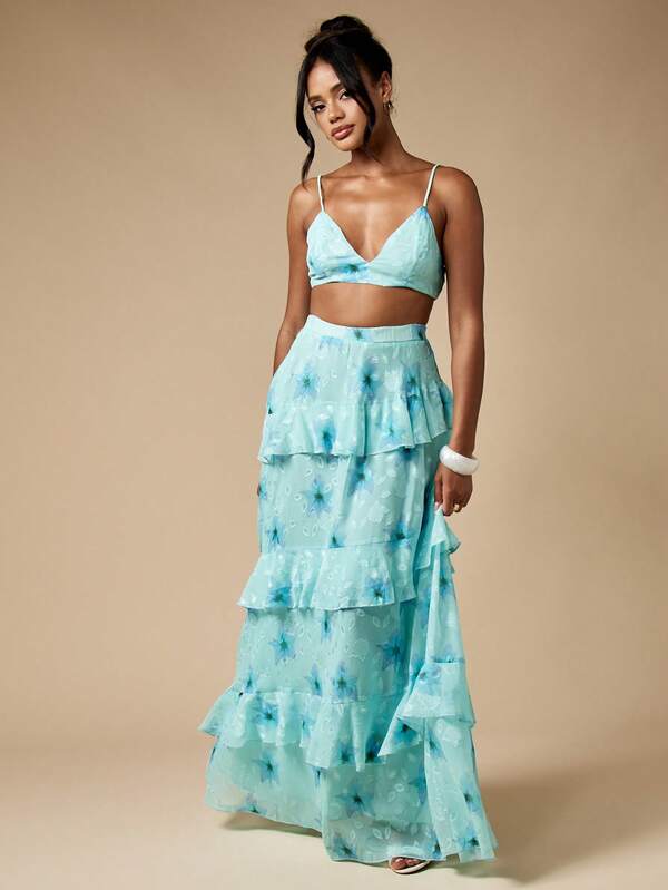 MISSGUIDED Floral Burnout Ruffled Maxi Boho Two-Piece Set With Bralette Top