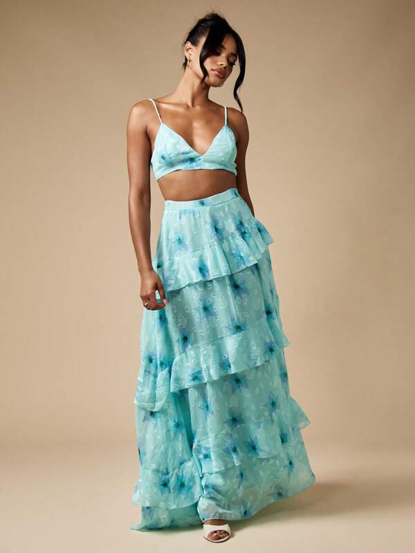 MISSGUIDED Floral Burnout Ruffled Maxi Boho Two-Piece Set With Bralette Top