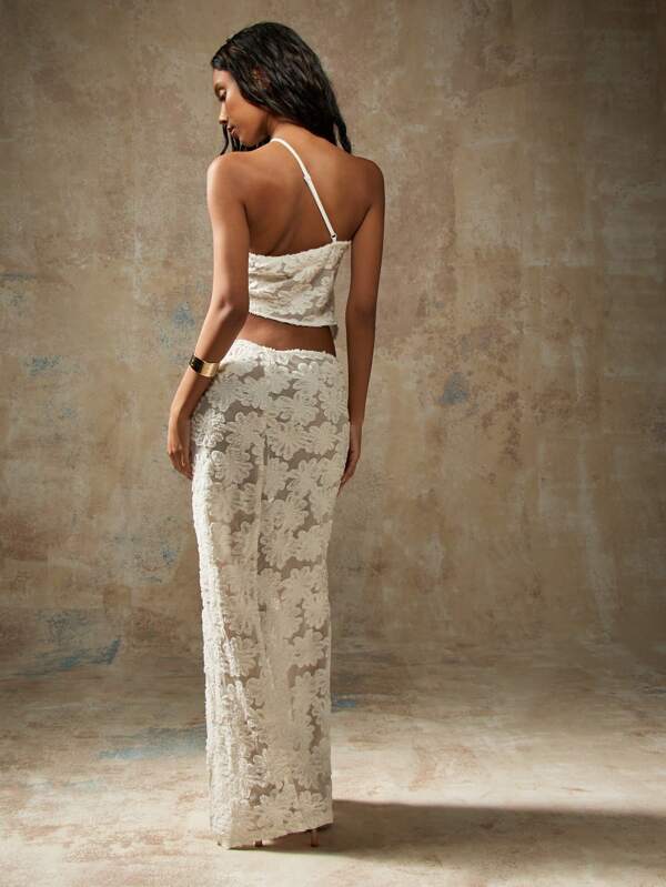 MISSGUIDED Floral Burnout Velvet Crop Top High Waist Skirt Two-Piece Outfits