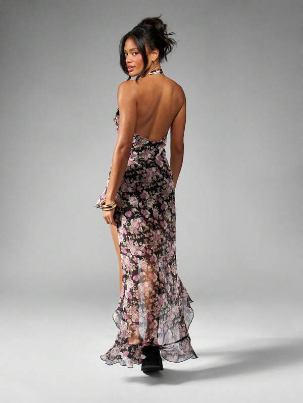 MISSGUIDED Floral Chiffon Halter Maxi Dress High Low Hem Ruffle Detail