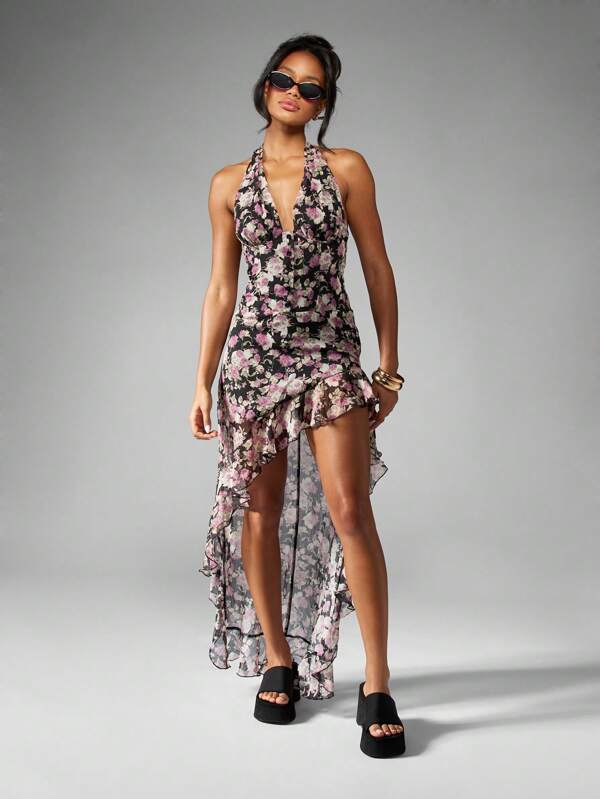 MISSGUIDED Floral Chiffon Halter Maxi Dress High Low Hem Ruffle Detail