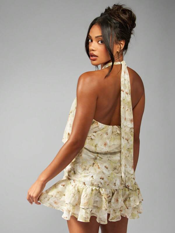 MISSGUIDED Floral Chiffon Mini Dress With Halter Neck And Ruffle Hem