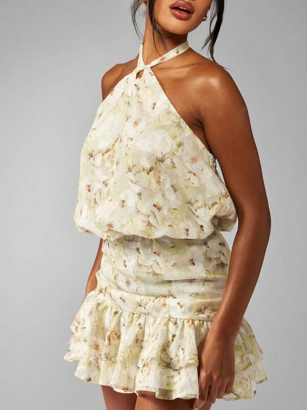 MISSGUIDED Floral Chiffon Mini Dress With Halter Neck And Ruffle Hem