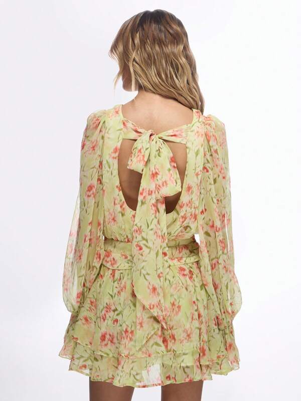MISSGUIDED Floral Chiffon Ruffle Long Sleeve Mini Dress With Bow Back Design