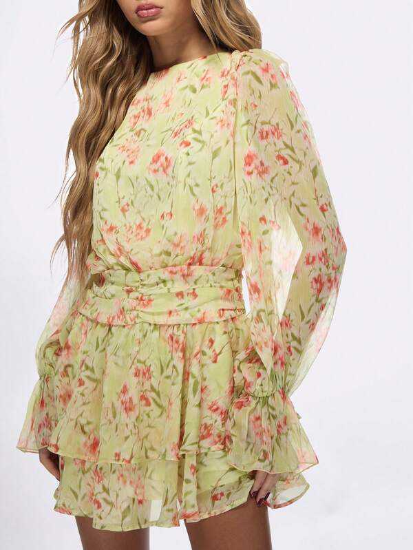 MISSGUIDED Floral Chiffon Ruffle Long Sleeve Mini Dress With Bow Back Design