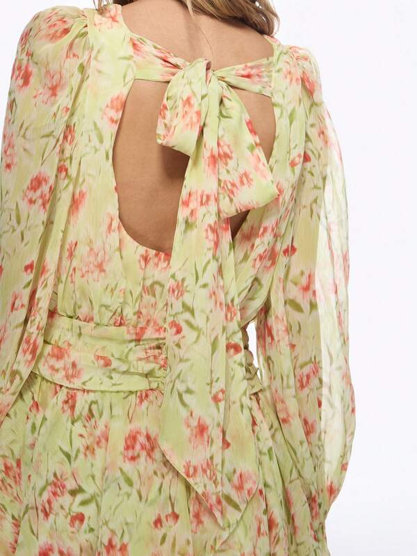 MISSGUIDED Floral Chiffon Ruffle Long Sleeve Mini Dress With Bow Back Design