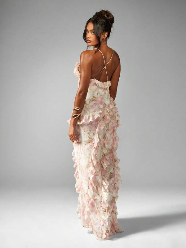 MISSGUIDED Floral Chiffon Ruffle Maxi Dress Side Cascade Floor Length