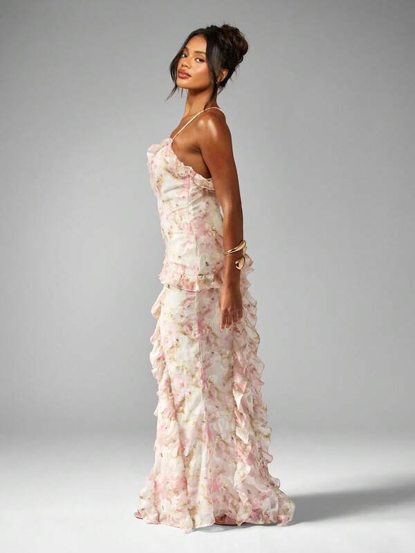 MISSGUIDED Floral Chiffon Ruffle Maxi Dress Side Cascade Floor Length