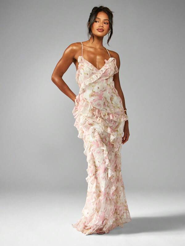 MISSGUIDED Floral Chiffon Ruffle Maxi Dress Side Cascade Floor Length