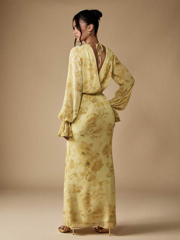 MISSGUIDED Floral Cowl Neck Maxi Dress With Blouson Sleeves