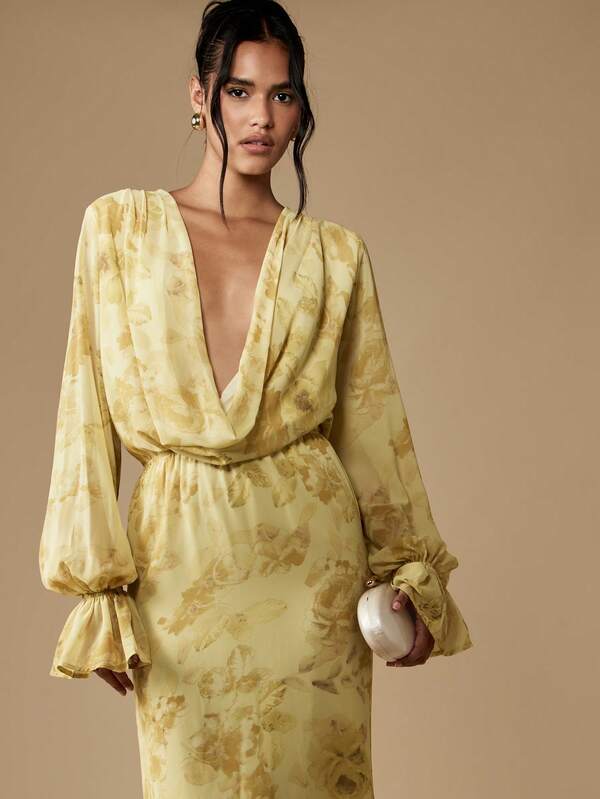 MISSGUIDED Floral Cowl Neck Maxi Dress With Blouson Sleeves