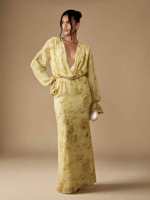 MISSGUIDED Floral Cowl Neck Maxi Dress With Blouson Sleeves