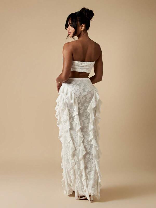 MISSGUIDED Floral Devore Bandeau Ruffle Maxi Skirt Two-Piece Outfit