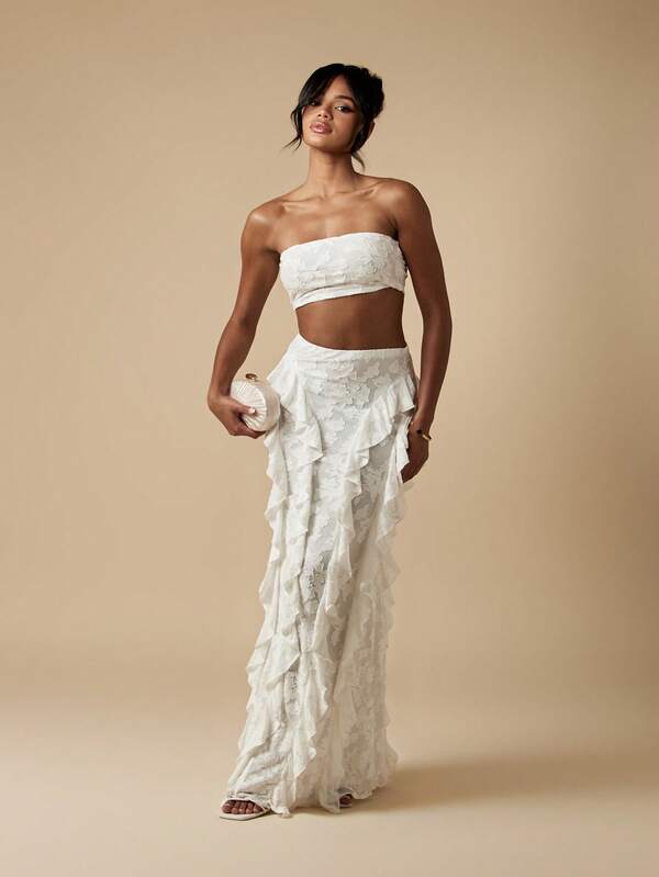 MISSGUIDED Floral Devore Bandeau Ruffle Maxi Skirt Two-Piece Outfit