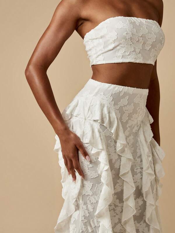 MISSGUIDED Floral Devore Bandeau Ruffle Maxi Skirt Two-Piece Outfit