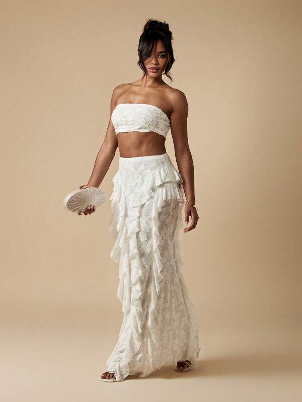 MISSGUIDED Floral Devore Bandeau Ruffle Maxi Skirt Two-Piece Outfit
