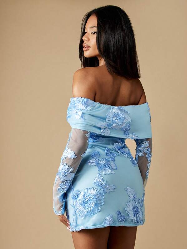 MISSGUIDED Floral Embroidered Bardot Mini Dress With Sheer Sleeves