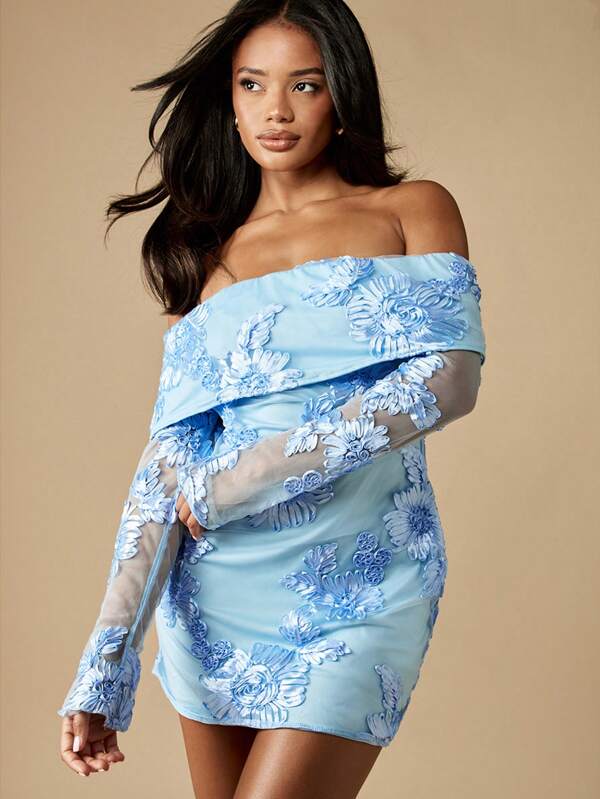 MISSGUIDED Floral Embroidered Bardot Mini Dress With Sheer Sleeves