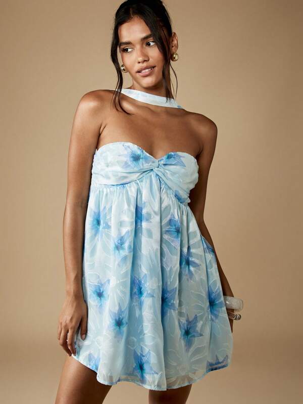 MISSGUIDED Floral Empire Waist Mini Dress With Halter Neck